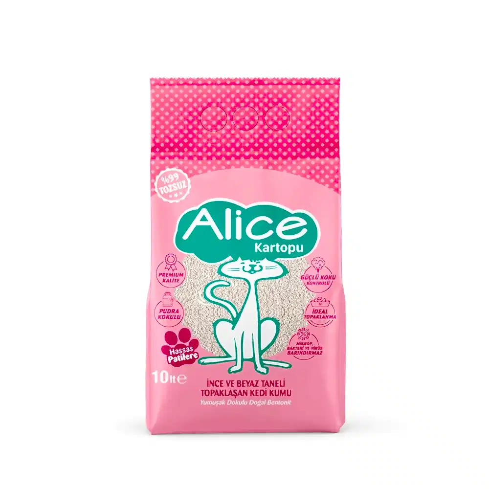 Alice Kartopu İnce ve Beyaz Taneli Topaklaşan Pudra Kokulu Kedi Kumu Alice Kartopu İnce ve Beyaz Taneli Topaklaşan Pudra Kokulu Kedi Kumu